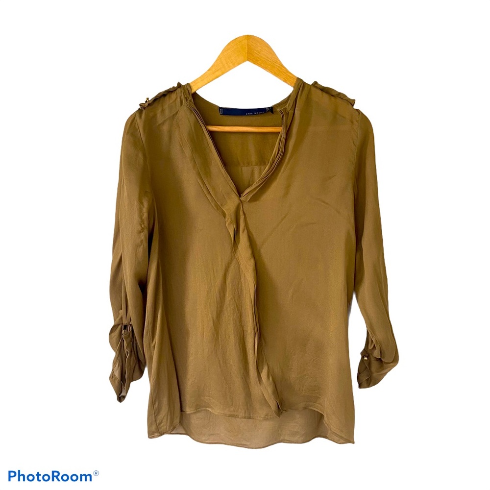 ZARA WOMAN 100% silk blouse, v-neck brown small